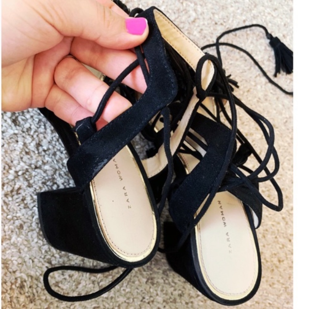 Zara Leather Lace Up Sandals With Chunky Heel - Picture 5 of 10
